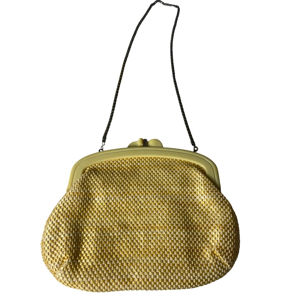 Vintage 1950s Yellow Straw Lucite Frame Shoulder Bag Silver Chain MCM Evening